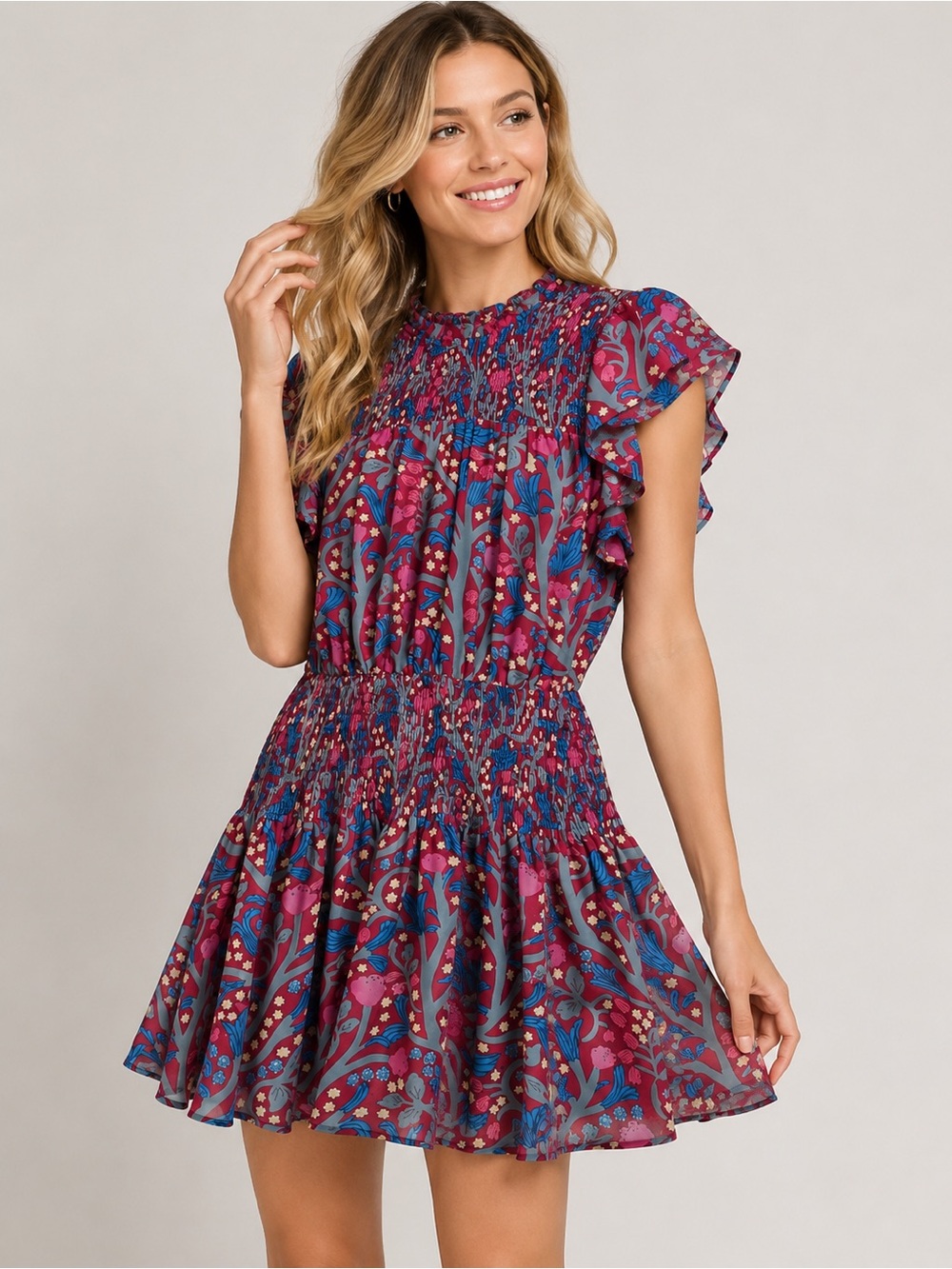 Entro Smocked Floral Mini Dress Large Ruffle Sleeve Boho Cottagecore Pink Blue